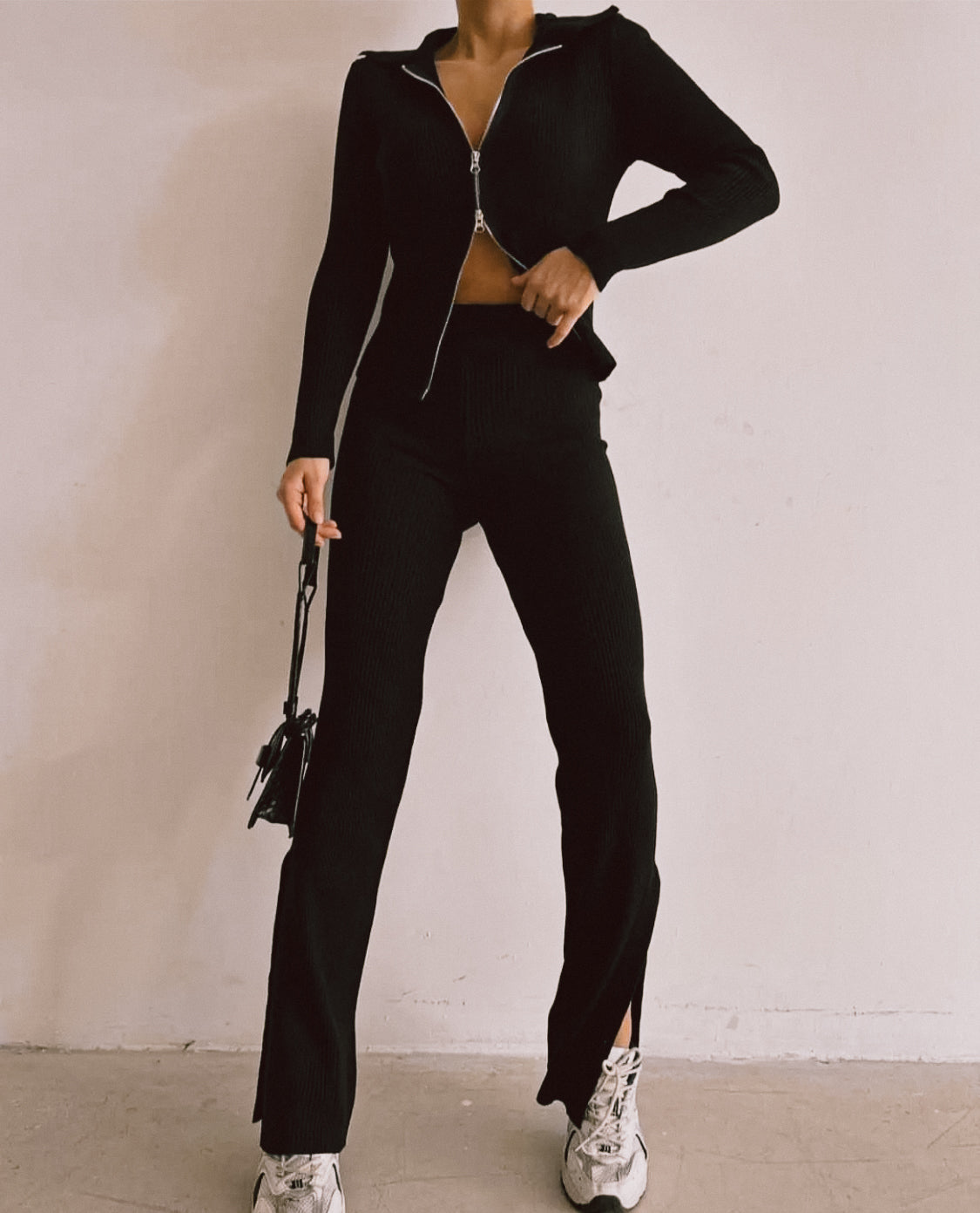 Cora | One-Size Black Ribbed Cotton Co-ord Set