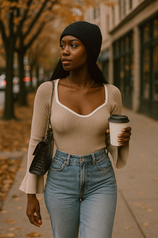 Chloe | Cozy Flare Ribbed Knit Top in Beige