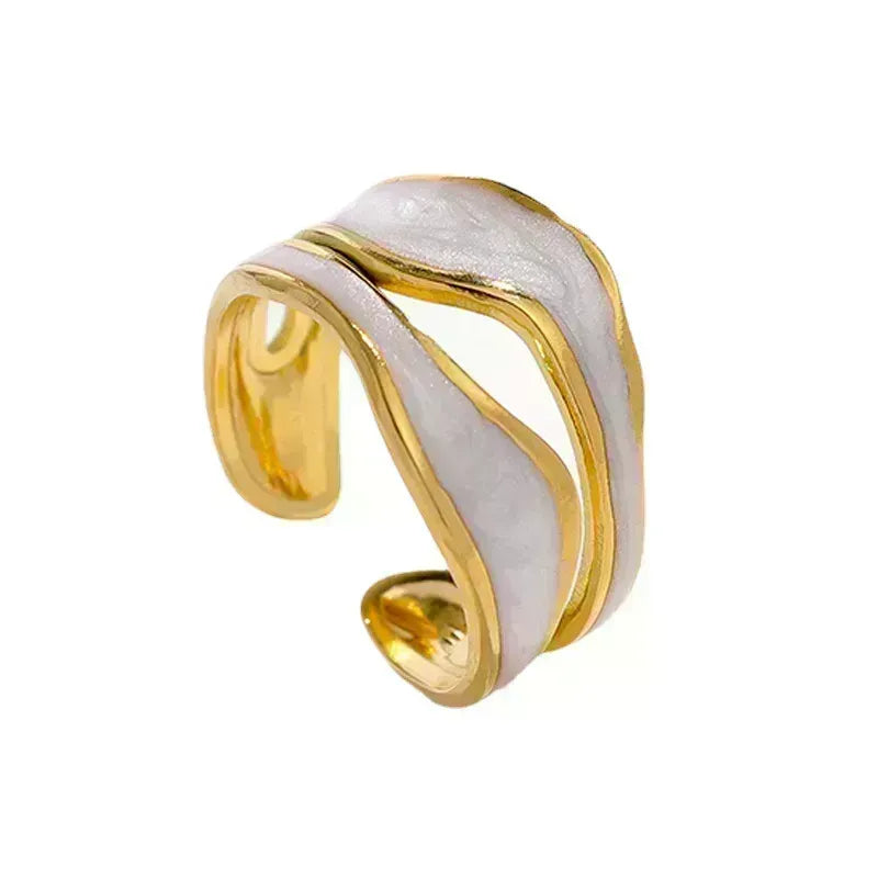 April | Abstract Stainless Steel White Enamel Resizable Ring