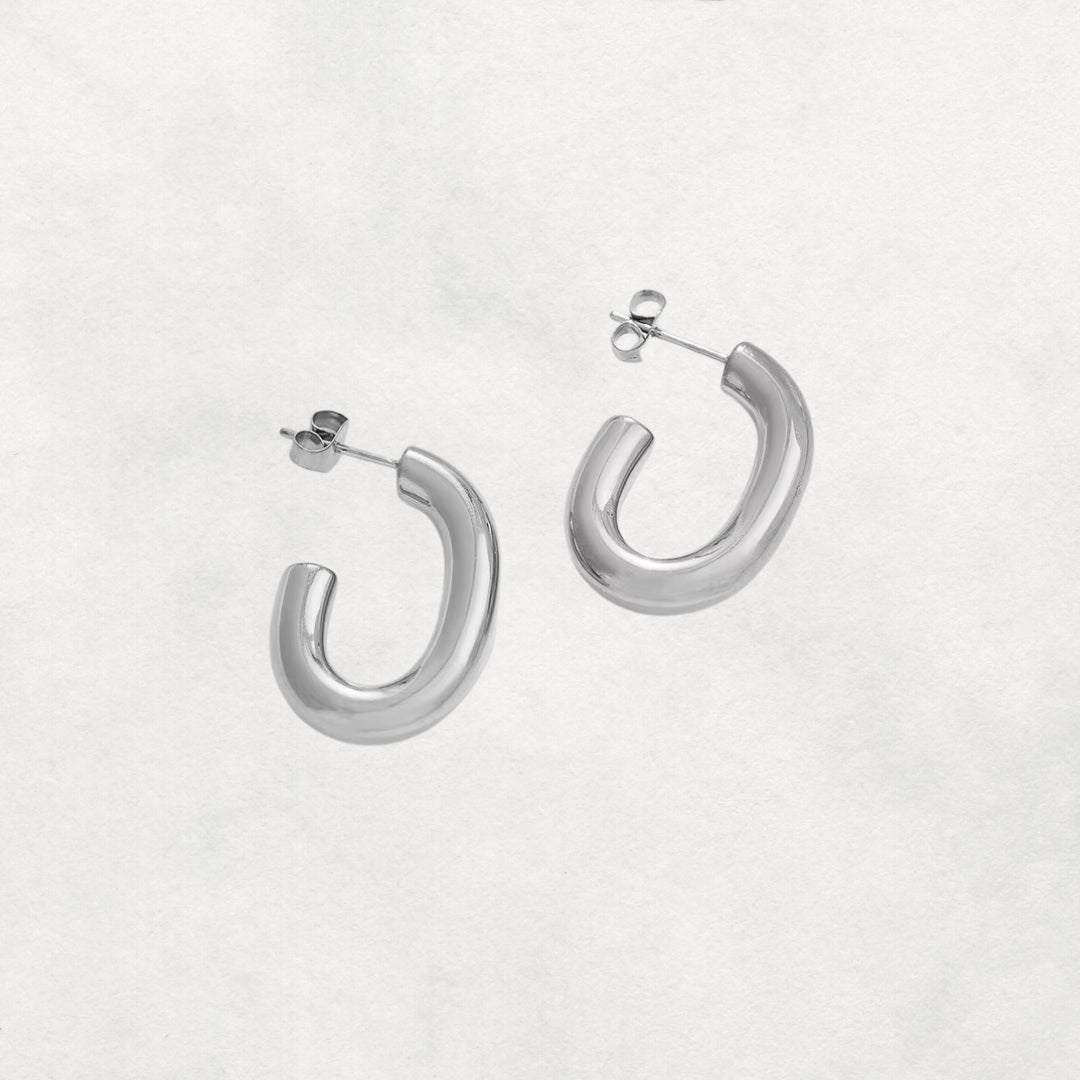 Nola | 18K Gold Plated, Stainless Steel Silver Oval Chunky Hoops